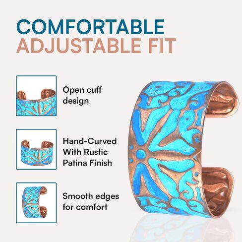 Copper Bracelets for Women – Turquoise Verdigris Patina Copper Cuff Bracelet, Vintage and Boho Jewelry, Handmade Floral Design, Wide Adjustable Open Cuff, Solid Copper Construction, Adult Artisan Gift for Her in Saudi Arabia