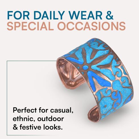 Copper Bracelets for Women – Turquoise Verdigris Patina Copper Cuff Bracelet, Vintage and Boho Jewelry, Handmade Floral Design, Wide Adjustable Open Cuff, Solid Copper Construction, Adult Artisan Gift for Her in Saudi Arabia