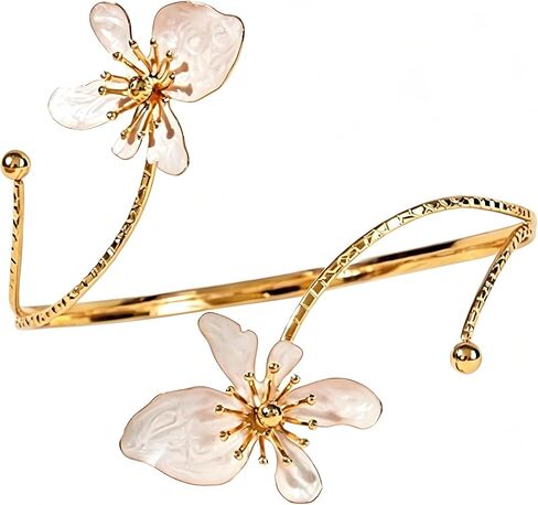 Gold Flower Arm Cuff for Women White Floral Open Adjustable Arm Cuff Jewelry Elegant Arm Accessory for Daily Wear and Precious Holiday Present in Saudi Arabia