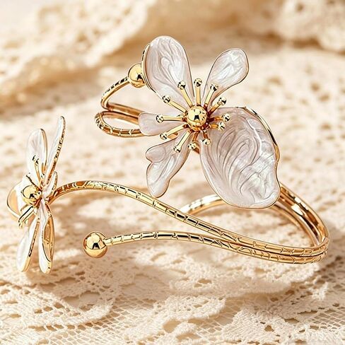 Gold Flower Arm Cuff for Women White Floral Open Adjustable Arm Cuff Jewelry Elegant Arm Accessory for Daily Wear and Precious Holiday Present in Saudi Arabia