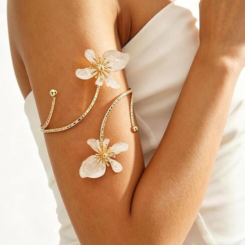Gold Flower Arm Cuff for Women White Floral Open Adjustable Arm Cuff Jewelry Elegant Arm Accessory for Daily Wear and Precious Holiday Present in Saudi Arabia