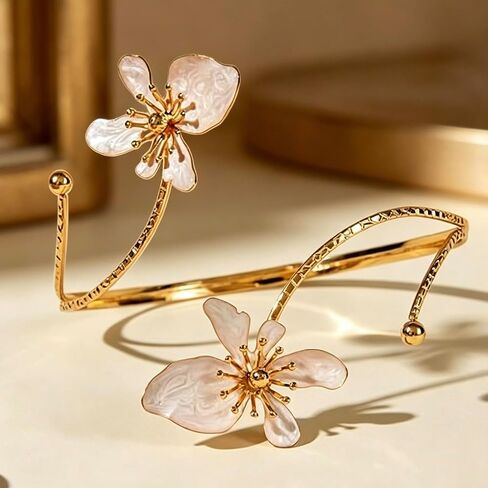 Gold Flower Arm Cuff for Women White Floral Open Adjustable Arm Cuff Jewelry Elegant Arm Accessory for Daily Wear and Precious Holiday Present in Saudi Arabia