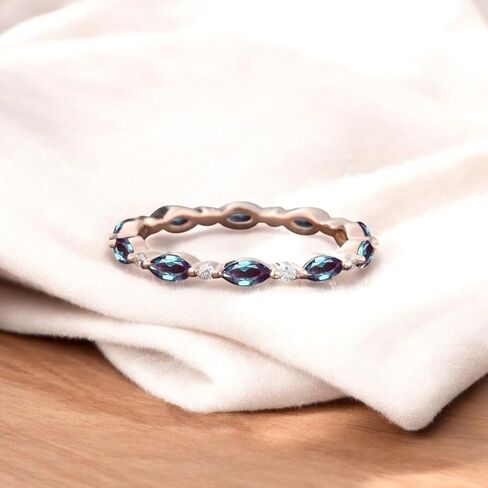 Unique Marquise Alexandrite Wedding Band, Full Eternity Rose Gold Moissanite Wedding Jewelry, Straight Row Custom Bridal Stacking for Women - Vintage Dainty Promise, Birthday Gift, Stackable Jewelry in Kuwait