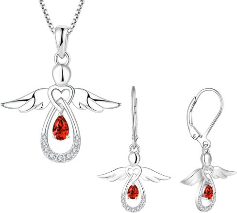 FJ Guardian Angel Jewelry Set for Women 925 Sterling Silver Garnet Necklace and Earrings Set January Birthstone Jewelry Gifts in Kuwait