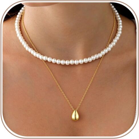 Pearl Necklaces for Women Trendy 14K Gold Plated Pearl Pendant Necklace Dainty Paperclip Chain Toggle Clasp Layered Necklaces Pearls Choker Necklace Non Tarnish Gold Jewelry Gifts for Women in Saudi Arabia