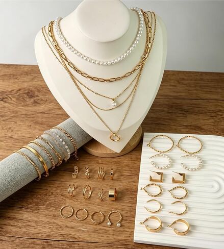 30 Pcs Gold Jewelry Set for Women with 6 Necklaces, 6 Bracelets, 6 Earrings, 12 Knuckle Rings Gold Plated Accessories for Women Gift in Saudi Arabia