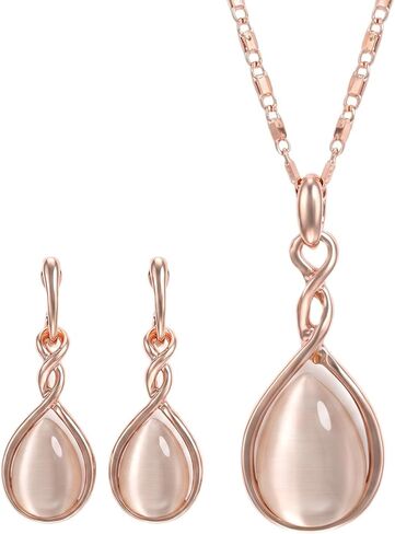 Amabro Teardrop Pendant Pink Necklaces Earrings Jewelry Sets for Women Opal Water Drop Necklace ＆ Earrings Adjustable Accessories Wedding Birthday Prom Formal Brides Bridesmaid(Rose Gold) in Kuwait