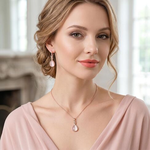 Amabro Teardrop Pendant Pink Necklaces Earrings Jewelry Sets for Women Opal Water Drop Necklace ＆ Earrings Adjustable Accessories Wedding Birthday Prom Formal Brides Bridesmaid(Rose Gold) in Kuwait