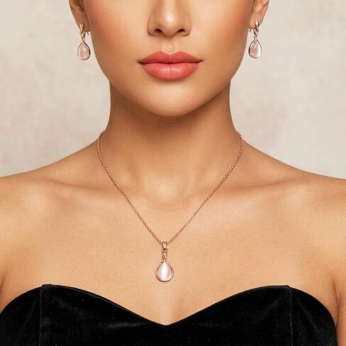 Amabro Teardrop Pendant Pink Necklaces Earrings Jewelry Sets for Women Opal Water Drop Necklace ＆ Earrings Adjustable Accessories Wedding Birthday Prom Formal Brides Bridesmaid(Rose Gold) in Kuwait