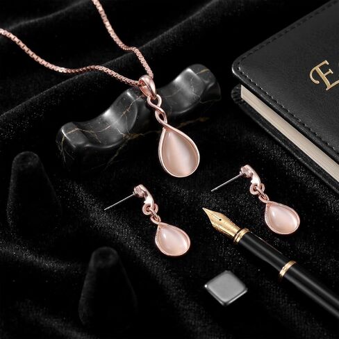 Amabro Teardrop Pendant Pink Necklaces Earrings Jewelry Sets for Women Opal Water Drop Necklace ＆ Earrings Adjustable Accessories Wedding Birthday Prom Formal Brides Bridesmaid(Rose Gold) in Kuwait