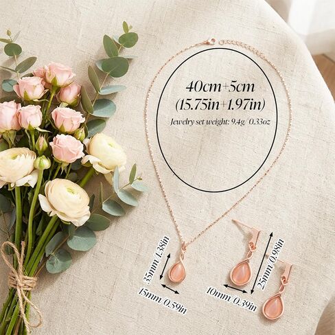 Amabro Teardrop Pendant Pink Necklaces Earrings Jewelry Sets for Women Opal Water Drop Necklace ＆ Earrings Adjustable Accessories Wedding Birthday Prom Formal Brides Bridesmaid(Rose Gold) in Kuwait