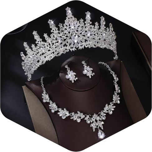 Crowns and Tiaras jewelry sets for Wedding princess birthday party Halloween Prom Pageant，Silver Crystal Bridal Jewelry Set for Women in Saudi Arabia
