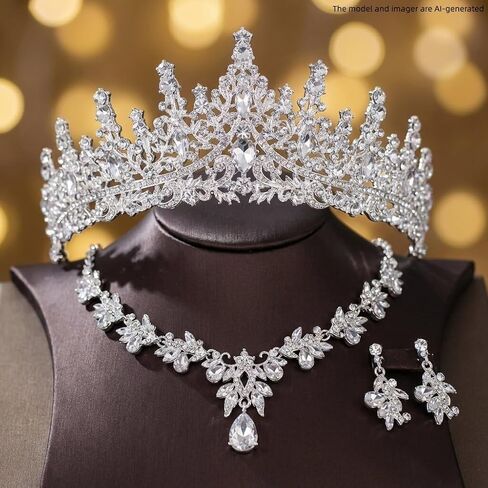 Crowns and Tiaras jewelry sets for Wedding princess birthday party Halloween Prom Pageant，Silver Crystal Bridal Jewelry Set for Women in Saudi Arabia