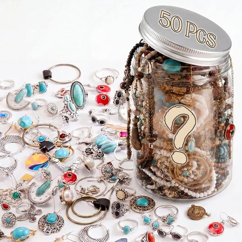 Tondiamo Bohemian Mystery Jewelry Jar - 50 Piece Jewelry Set for Women, Boho Vintage Gift Including Earrings Necklaces Rings Bracelets Anniversary Birthday Friendship Present for Her in Kuwait
