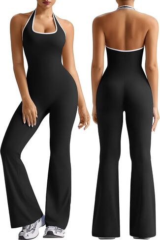 EUYZOU Women Workout Jumpsuit with Bra One Piece Contrast Halter Backless Yoga Outfit Flare Leggings Romper in Saudi Arabia