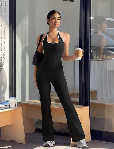 EUYZOU Women Workout Jumpsuit with Bra One Piece Contrast Halter Backless Yoga Outfit Flare Leggings Romper in Saudi Arabia