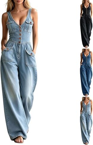 Jean Romper For Women Denim Sleeveless V Neck Button Camisole Smocked Waist Wide Leg Jean Jumpsuit Long Overalls in Saudi Arabia