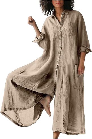 Women Linen Button Down Long Sleeve Wide Leg Jumpsuit Beach Palazzo Pants One Piece Jumpsuit Plus Size Summer Outfits in Kuwait