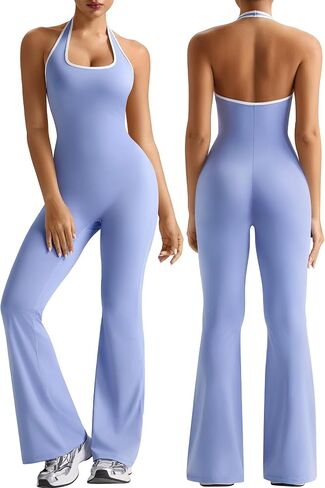 EUYZOU Women Workout Jumpsuit with Bra One Piece Contrast Halter Backless Yoga Outfit Flare Leggings Romper in Saudi Arabia