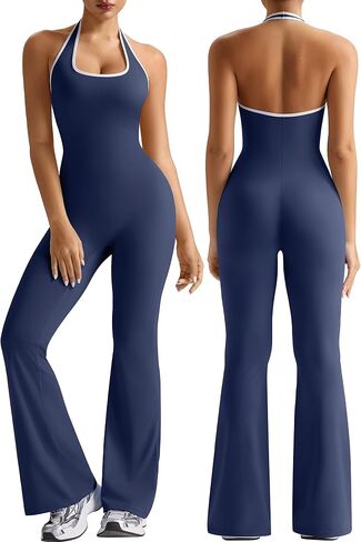 EUYZOU Women Workout Jumpsuit with Bra One Piece Contrast Halter Backless Yoga Outfit Flare Leggings Romper in Saudi Arabia