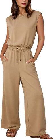 Flygo Jumpsuits for Women Crewneck Cap Sleeve Open Back One Piece Outfits Wide Leg Drawstring Romper Pants with Pockets in Kuwait