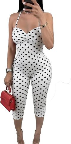 Molilove Women's Sexy Polka Dot Jumpsuit Halter Neck Ruched Front Bodycon Capri Jumpsuits One Piece Going Out Romper Outfit in Saudi Arabia