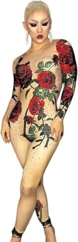 Women Nightclub Diamond Slim Fit Jumpsuits Romantic Rose Pattern Rompers Birthday Party Singer Dancer Stage Clothes in Saudi Arabia