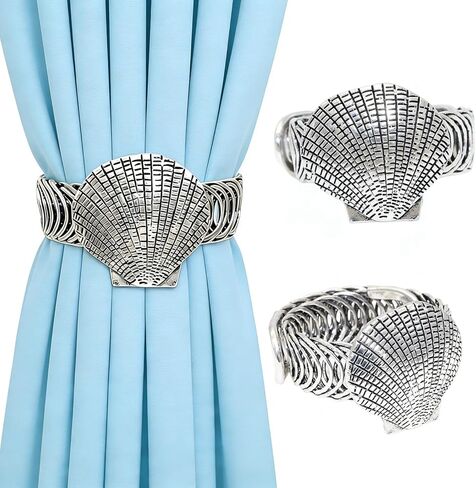 Shell Curtain Tiebacks, 2 Pack Elastic No Drill Curtain Holdbacks,Antique Silver Metal Curtain Ties for Drapes, Coastal Curtain Holders for Beach House Living Room Kids Bedroom Office Decor in Kuwait