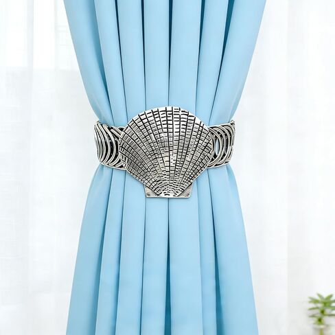 Shell Curtain Tiebacks, 2 Pack Elastic No Drill Curtain Holdbacks,Antique Silver Metal Curtain Ties for Drapes, Coastal Curtain Holders for Beach House Living Room Kids Bedroom Office Decor in Kuwait