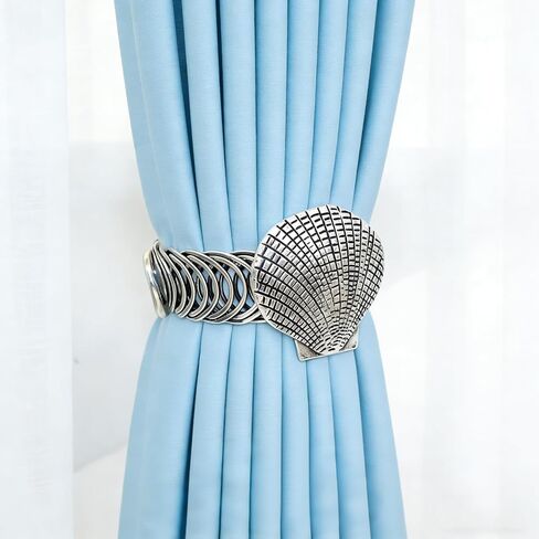 Shell Curtain Tiebacks, 2 Pack Elastic No Drill Curtain Holdbacks,Antique Silver Metal Curtain Ties for Drapes, Coastal Curtain Holders for Beach House Living Room Kids Bedroom Office Decor in Kuwait