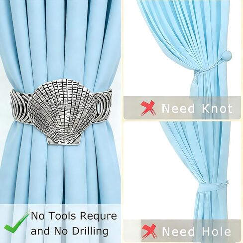 Shell Curtain Tiebacks, 2 Pack Elastic No Drill Curtain Holdbacks,Antique Silver Metal Curtain Ties for Drapes, Coastal Curtain Holders for Beach House Living Room Kids Bedroom Office Decor in Kuwait