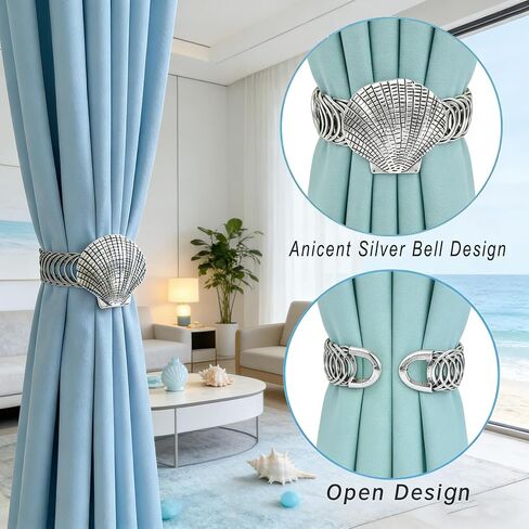 Shell Curtain Tiebacks, 2 Pack Elastic No Drill Curtain Holdbacks,Antique Silver Metal Curtain Ties for Drapes, Coastal Curtain Holders for Beach House Living Room Kids Bedroom Office Decor in Kuwait