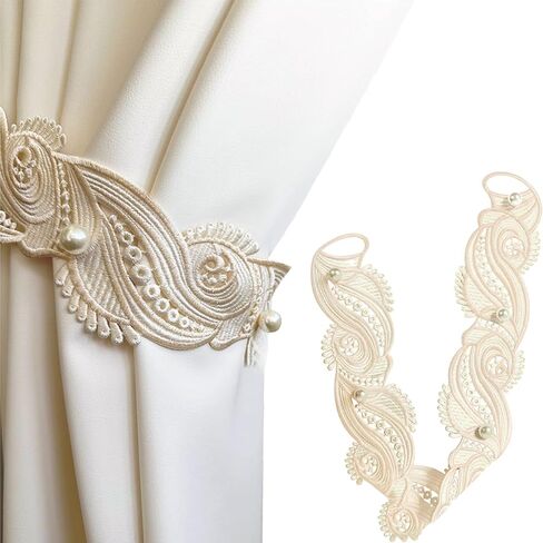 2 Pcs Lace Curtain Tiebacks, Handcrafted Embroidered Curtain Holdbacks for Elegant Home Decor, Romantic French Style Curtain Holders for Living Room or Bedroom (Champagne) in Saudi Arabia