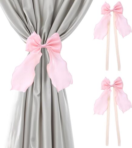 Bowknot Curtain Tiebacks, 2 PCS Butterfly Curtain Tiebacks with Pearls Sweet Bow Curtain Holdbacks Buckles Ribbon Curtain Ties for Home Bedroom Offices Dining Rooms Wedding Party Decoration (Pink) in Kuwait