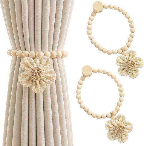 Wooden Beaded Curtain Ties, 2Pack Magnetic Curtain Tiebacks with Fabric Flower Pendants, Curtains Holders for Windows and Home Decor, Beige in Saudi Arabia