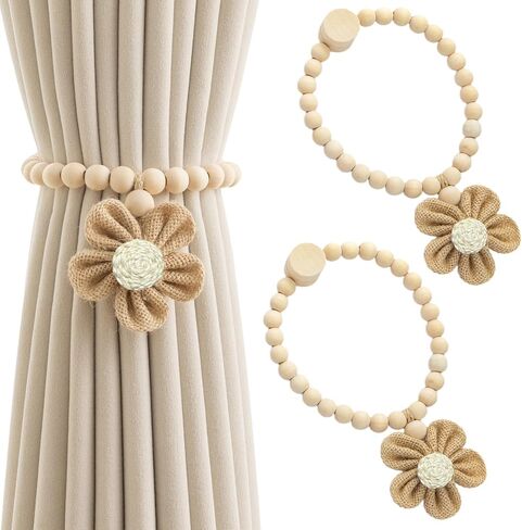Wooden Beaded Curtain Ties, 2Pack Magnetic Curtain Tiebacks with Fabric Flower Pendants, Curtains Holders for Windows and Home Decor, Beige in Saudi Arabia