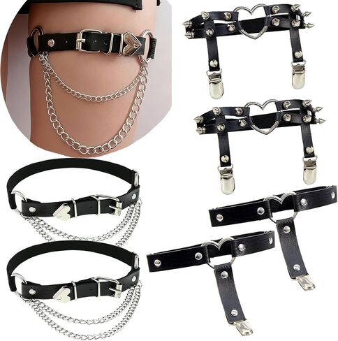 6PCS Punk Goth Leg Garters Belts Thigh Strap Leather Harness Chain Accessories for Women Lady Elastic Band Black Halloween in Saudi Arabia