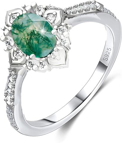 S925 Sterling Silver Natural Moss Agate Ring Engagement Ring Wedding Promise Ring Jewelry for Women in Saudi Arabia