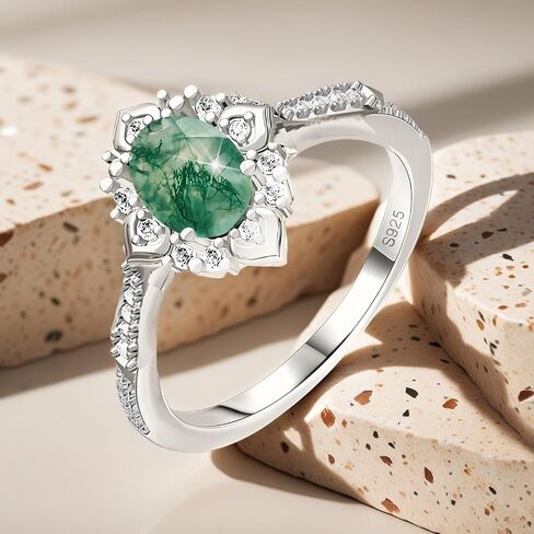 S925 Sterling Silver Natural Moss Agate Ring Engagement Ring Wedding Promise Ring Jewelry for Women in Saudi Arabia