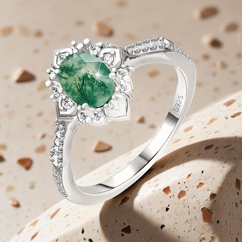 S925 Sterling Silver Natural Moss Agate Ring Engagement Ring Wedding Promise Ring Jewelry for Women in Saudi Arabia