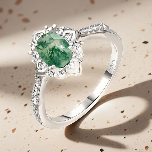S925 Sterling Silver Natural Moss Agate Ring Engagement Ring Wedding Promise Ring Jewelry for Women in Saudi Arabia