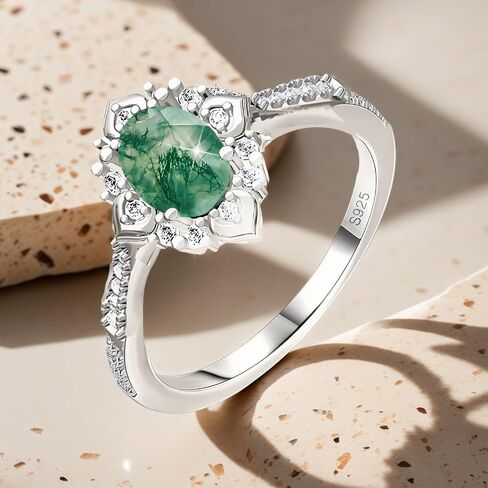 S925 Sterling Silver Natural Moss Agate Ring Engagement Ring Wedding Promise Ring Jewelry for Women in Saudi Arabia