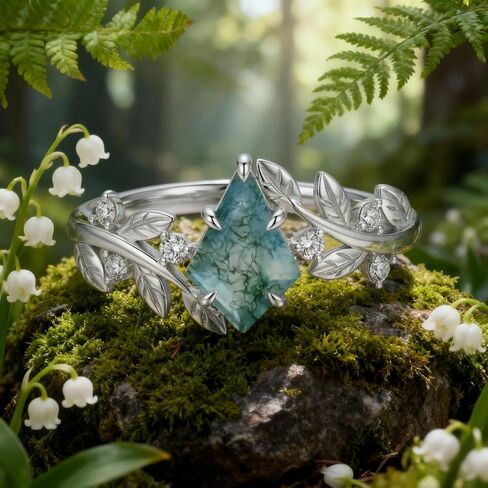 Moss Agate Ring 925 Sterling Silver Green Moss Agate Engagement Wedding Promise Ring Jewelry Gifts for Women in Saudi Arabia