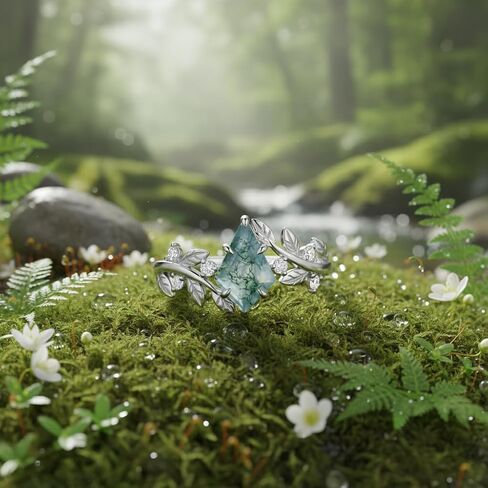 Moss Agate Ring 925 Sterling Silver Green Moss Agate Engagement Wedding Promise Ring Jewelry Gifts for Women in Saudi Arabia