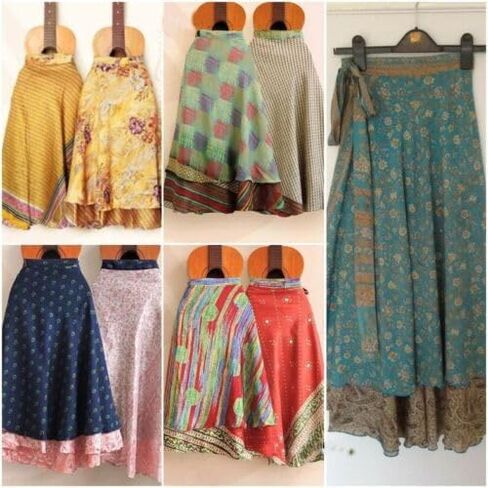 Indian Vintage Sari Silk Wrap Skirt, a stunning piece that effortlessly blends bohemian charm with rich cultural heritage Pack of-10 pcs in Saudi Arabia