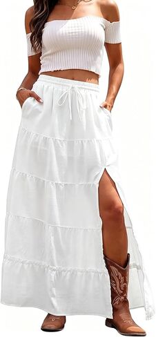 Bsubseach Women Boho Maxi Skirt Western Flowy Tiered High Slit Long Skirt with Pockets Elastic Waist Country Ruffle Skirts in Saudi Arabia