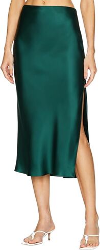 Cantonwalker 2026 Women Satin High Waist Midi Skirt with Side Slit Zipper Elastic Waistband Business Casual Skirt in Saudi Arabia