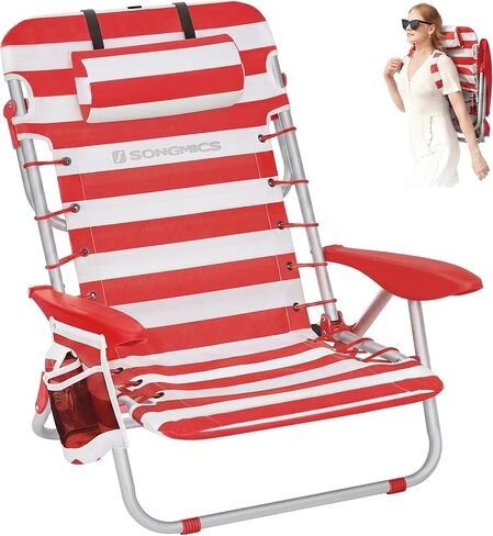 SONGMICS Portable Backpack Beach Chair, 331 lb Capacity, 4 Angles Adjustable Backrest, 2 Side Pockets, Towel Bar, Blue and White UGCB62BU in Kuwait