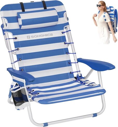 SONGMICS Portable Backpack Beach Chair, 331 lb Capacity, 4 Angles Adjustable Backrest, 2 Side Pockets, Towel Bar, Blue and White UGCB62BU in Kuwait