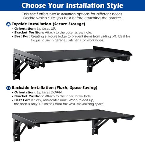 Folding Metal Floating Shelf, 16.9" x 11" Wall Mount Storage Rack with Lip, Heavy Duty Steel Fold Down Shelf for Garage, Kitchen, Bedroom, Office (2 Pack) in Saudi Arabia